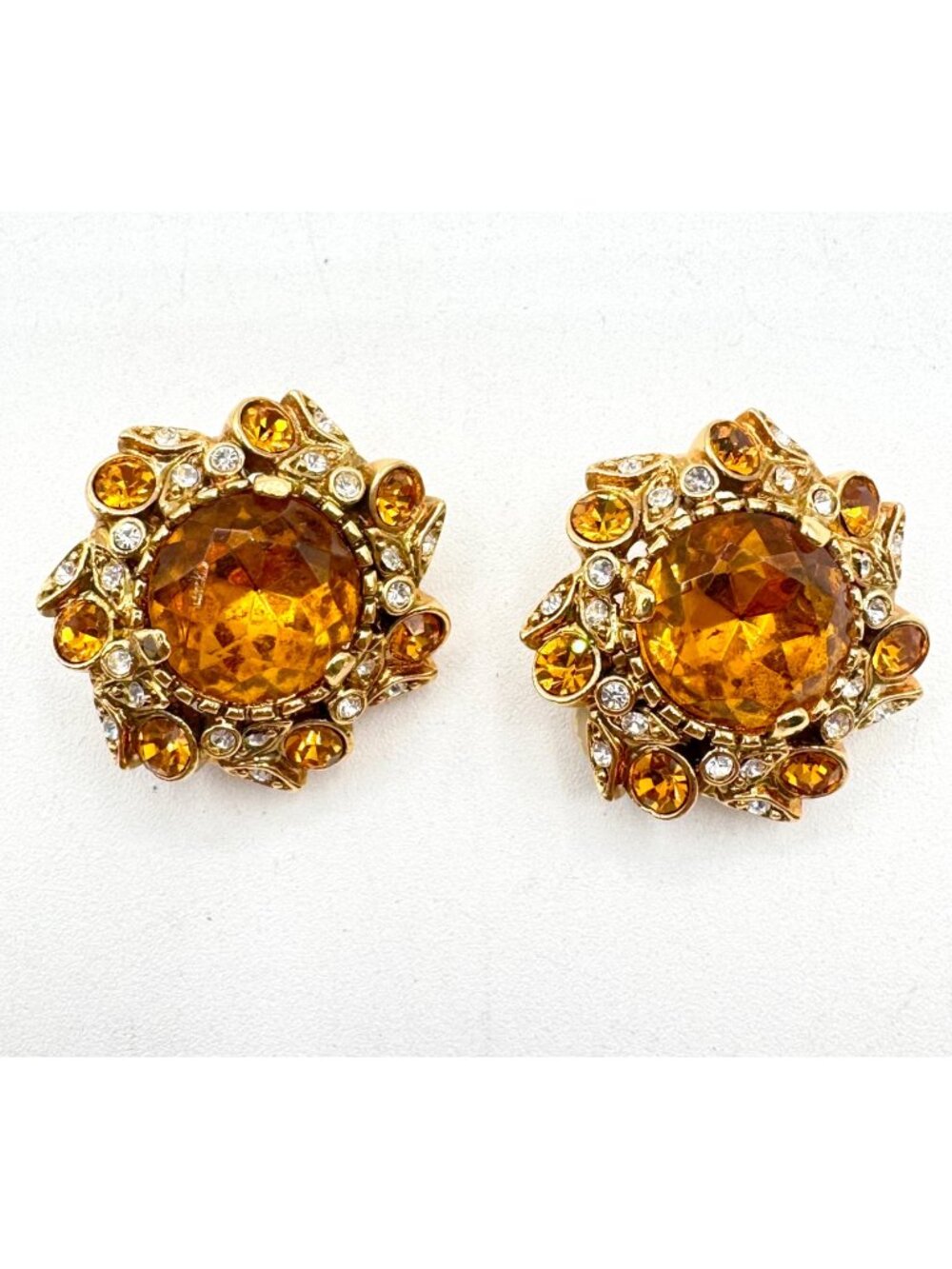 Vintage Joan River's Faceted Amber Glass Statement Clip-On Earrings